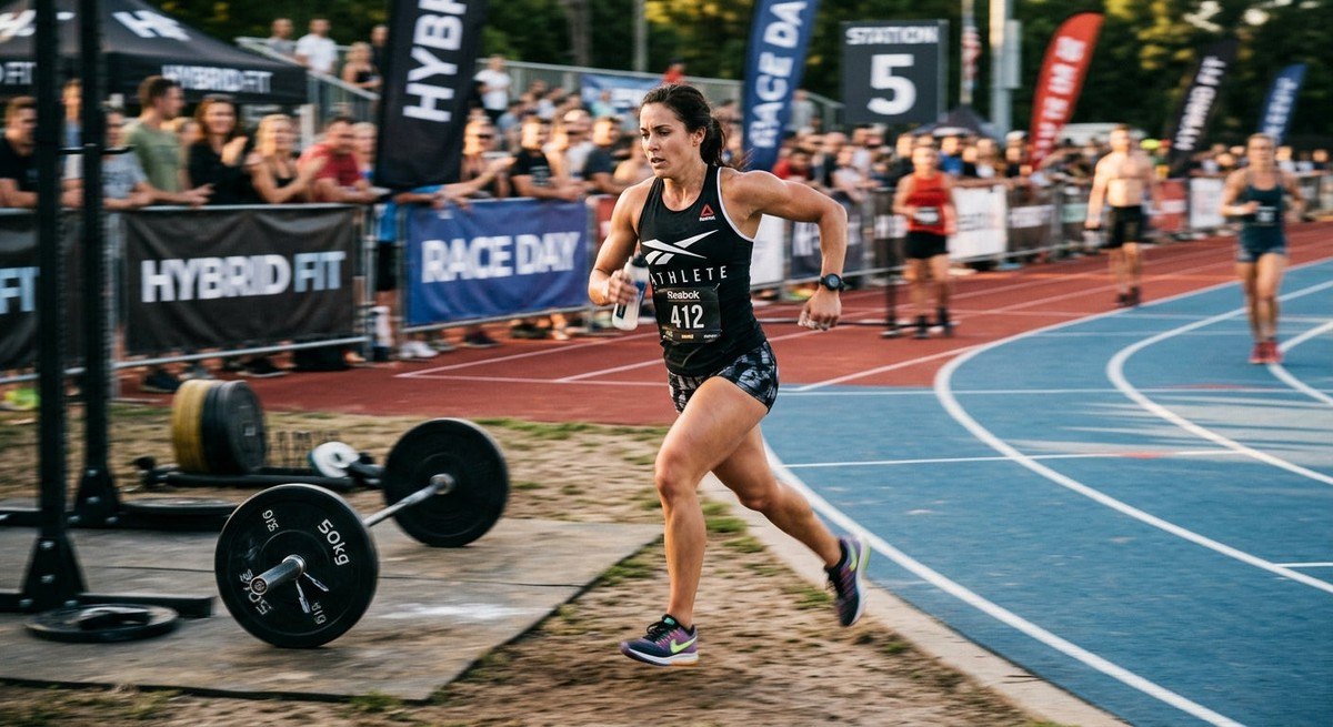 A blurred, high-speed motion shot of a runner transitioning from a weight station to the track, capturing the intensity of a hybrid fitness race.