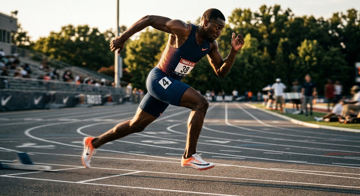A blurry, high-speed action shot of a runner sprinting on a track, captured with dramatic lighting and fine details on the athletic footwear, professional photography style.