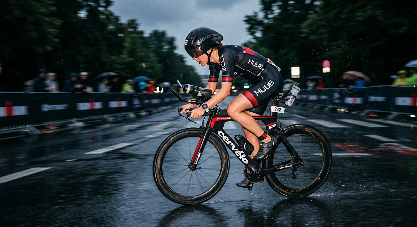 A blurry, high-speed action shot of a triathlete cycling on a wet road, showcasing the aerodynamic profile of a modern hydration setup in dramatic, moody lighting.