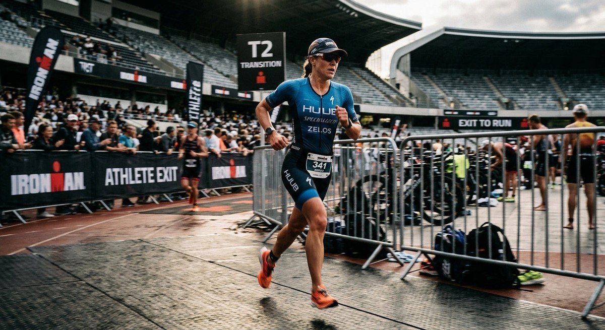 A blurry, motion-filled shot of a triathlete running out of the transition area, showing intense focus and athletic gear in a stadium environment.