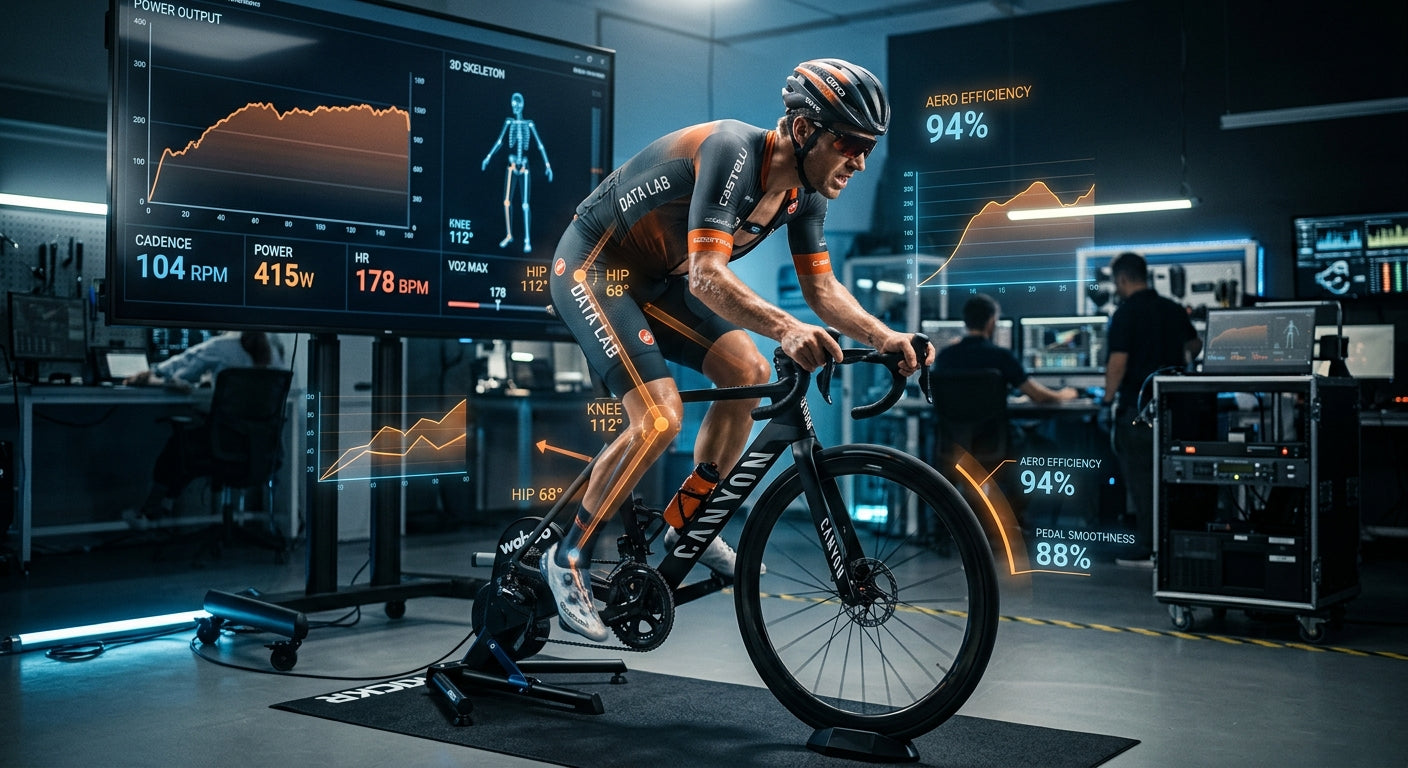 A cinematic action shot of a cyclist in a laboratory-style setting, blending professional athletic gear with high-tech data visualisation overlays.