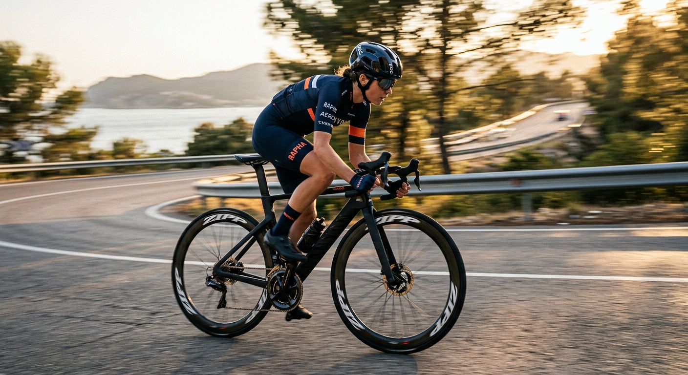 A cinematic action shot of a cyclist in motion blur, highlighting the aerodynamic profile of a top-tier road bike.