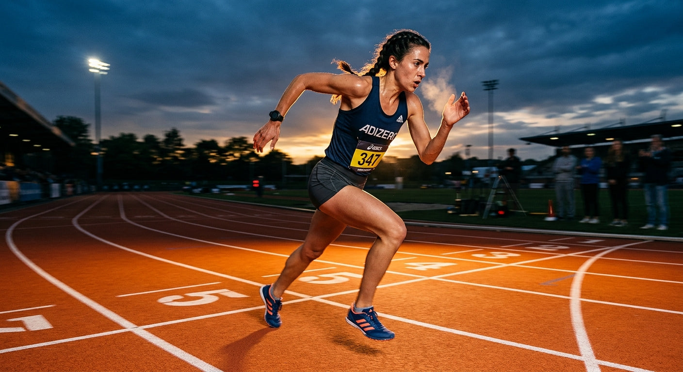 A cinematic action shot of a long-distance runner sprinting on a track at dusk, capturing the intensity of breath control and athletic focus.