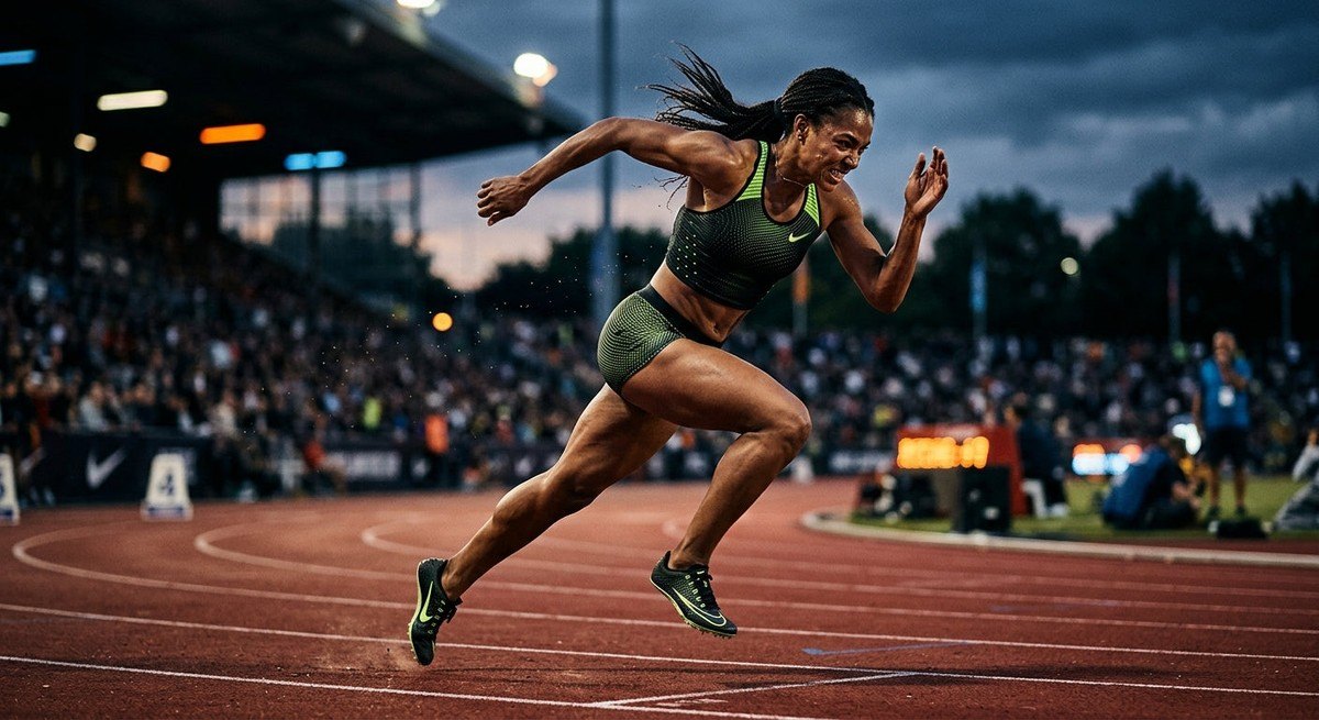 A cinematic action shot of a runner sprinting on a track, captured with high contrast and sharp focus to emphasise speed and power.