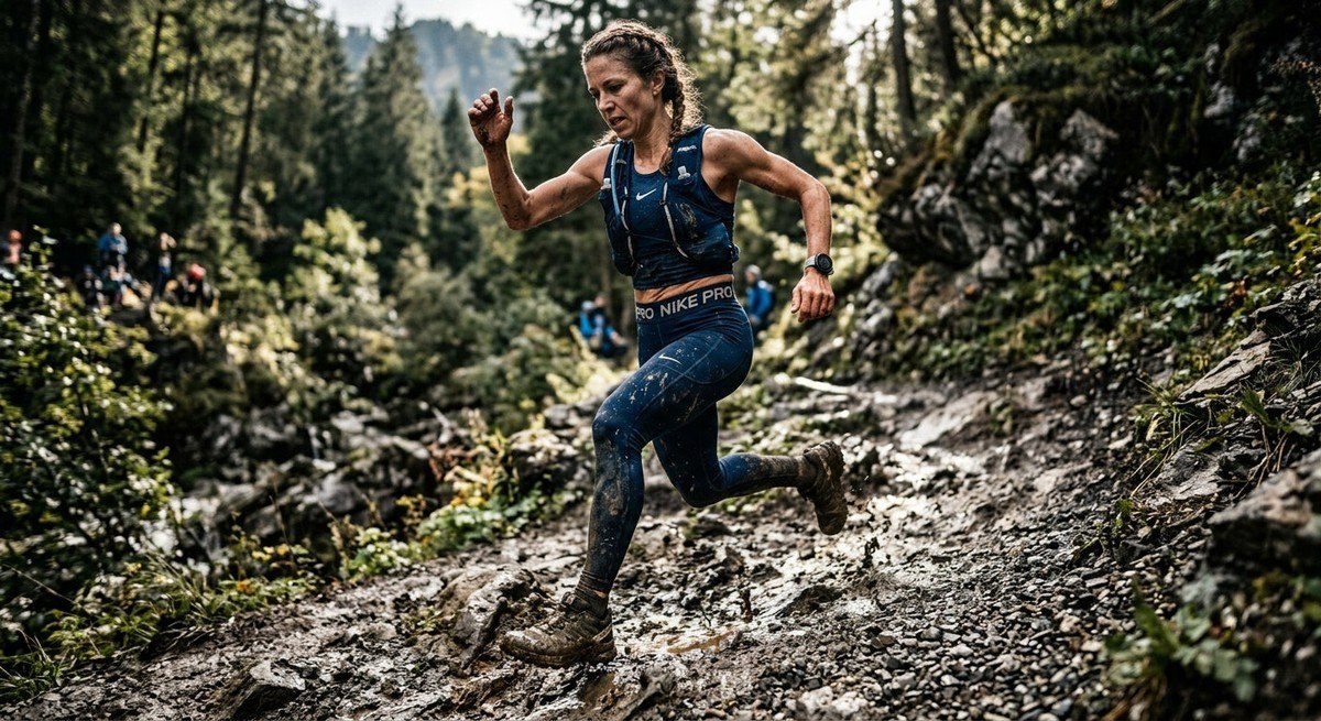 A cinematic action shot of an athlete navigating a technical trail, showcasing the realistic textures of mud and gravel with sharp, high-contrast lighting.