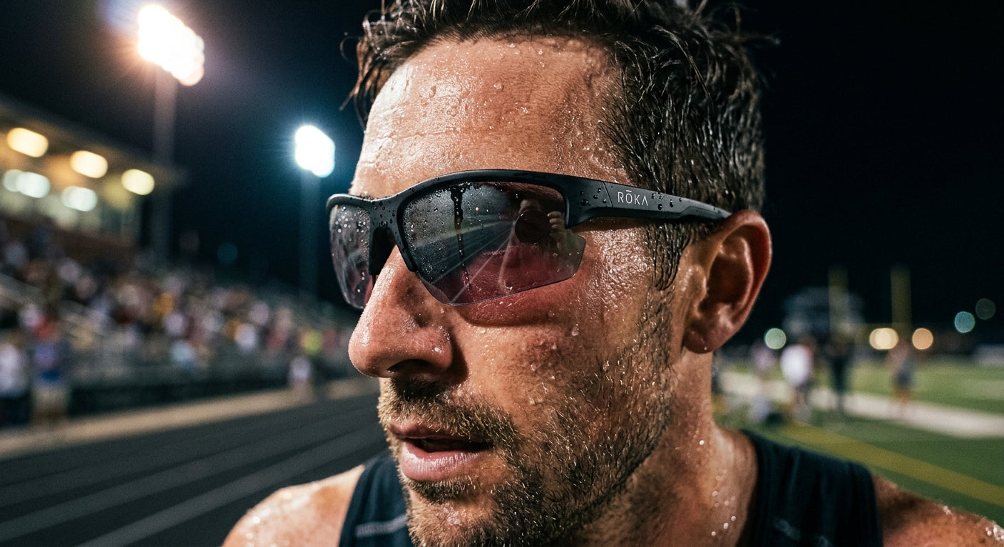 A cinematic close-up of ROKA Matador AIR sunglasses featuring realistic sweat droplets and sharp lens texture under stadium floodlights.