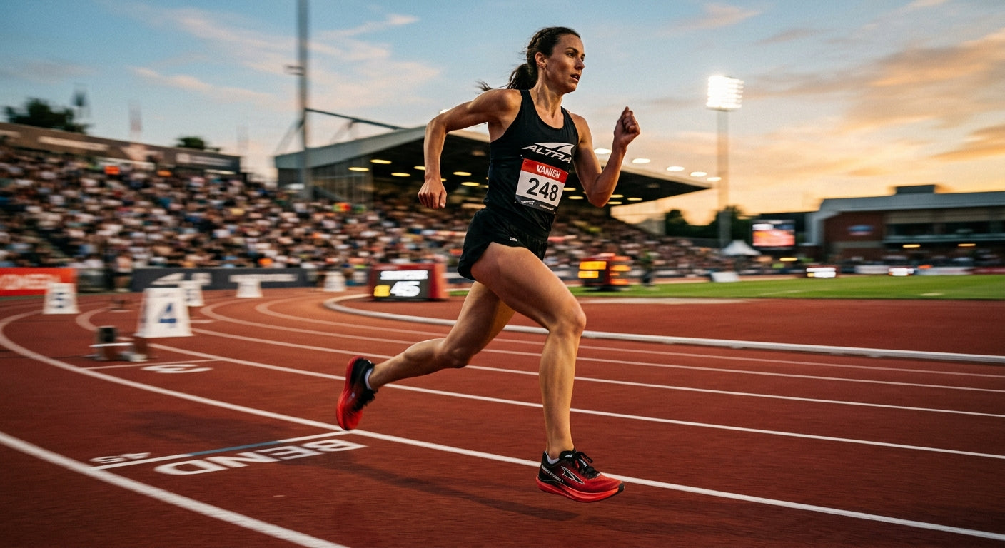 A cinematic motion-blur photograph of a competitive runner rounding a bend on a track, showcasing the aggressive rocker profile of the Vanish Carbon 3.