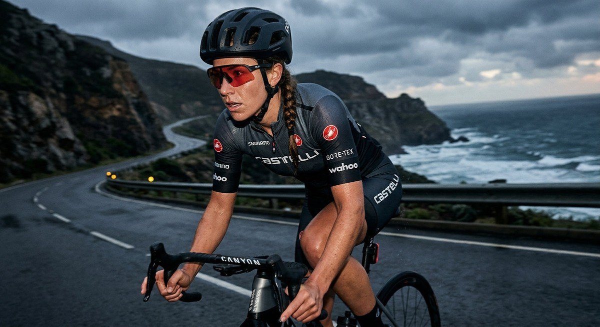 A cinematic portrait of a cyclist in training, featuring the Oakley Velo Kato against a moody, high-contrast backdrop that emphasises the sharp, technical details of the eyewear.