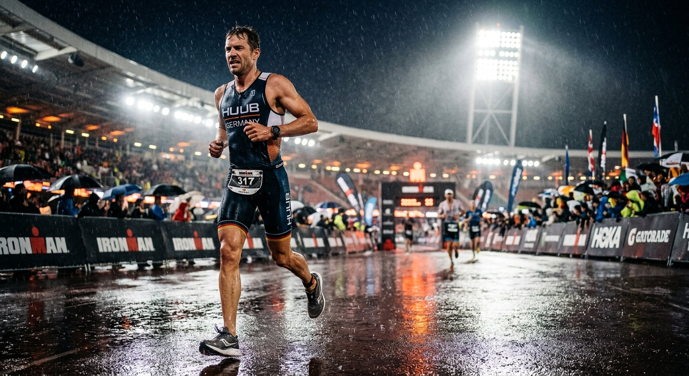 A cinematic shot of a triathlete running in the rain, with intense stadium lights reflecting off the asphalt and crisp details on the athletic kit.