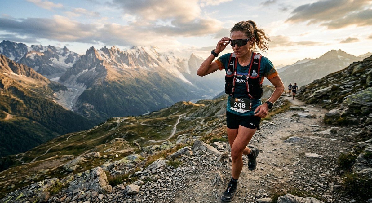 A cinematic shot of an athlete adjusting high-performance sunglasses during a mountain ultra-marathon, capturing the intensity of the environment.