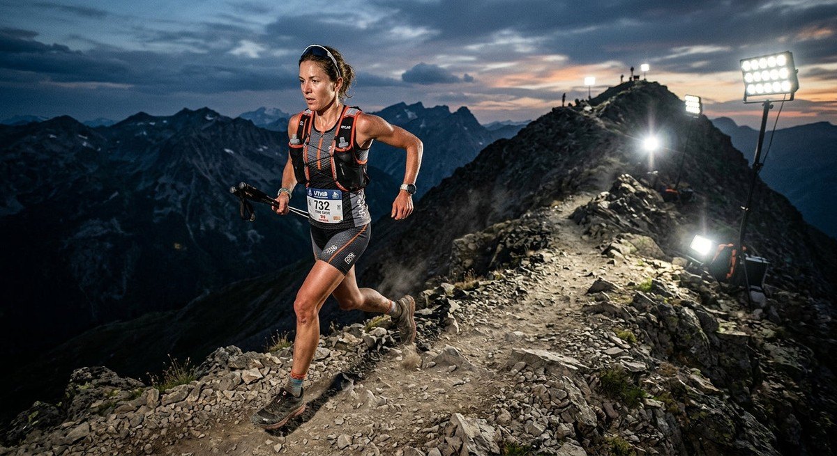 A cinematic view of an ultra-marathon athlete running along a ridge line, with sharp details on their technical apparel and dramatic stadium-style lighting illuminating the scene.