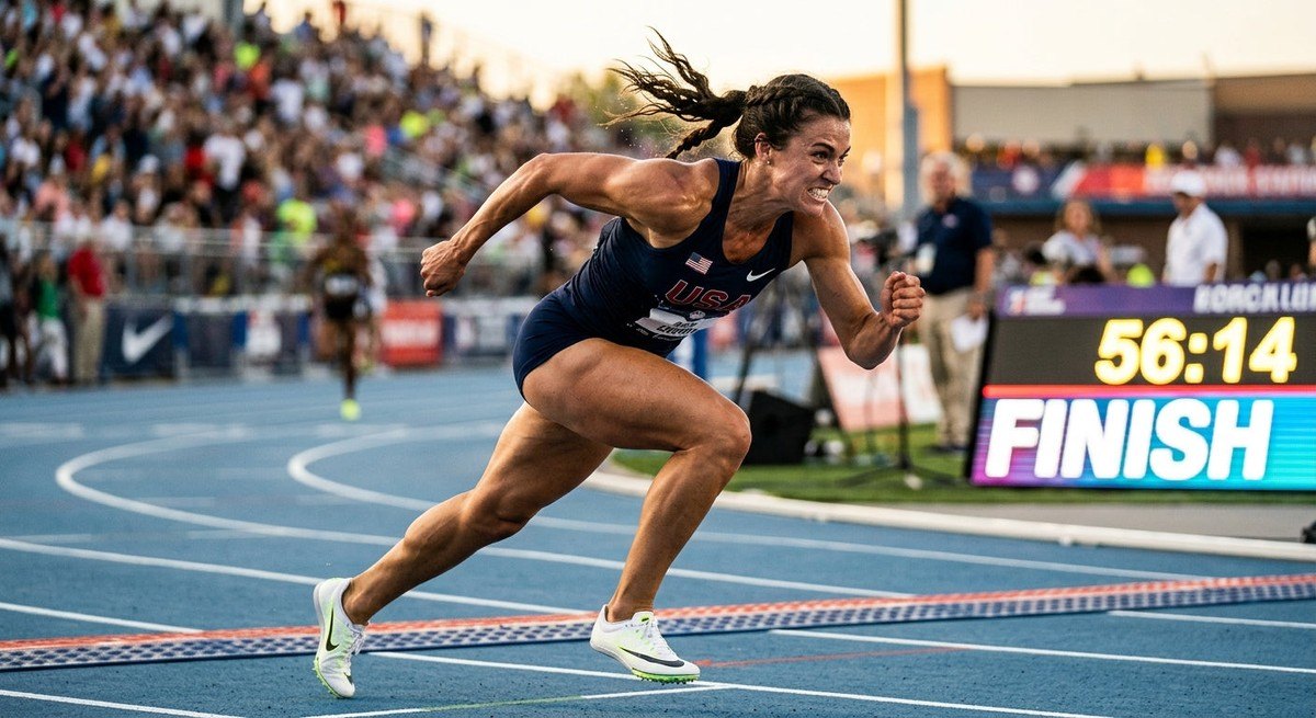 A close-up action shot of a determined athlete sprinting towards a finish line, captured with high-speed photography to emphasise muscle definition and intensity.