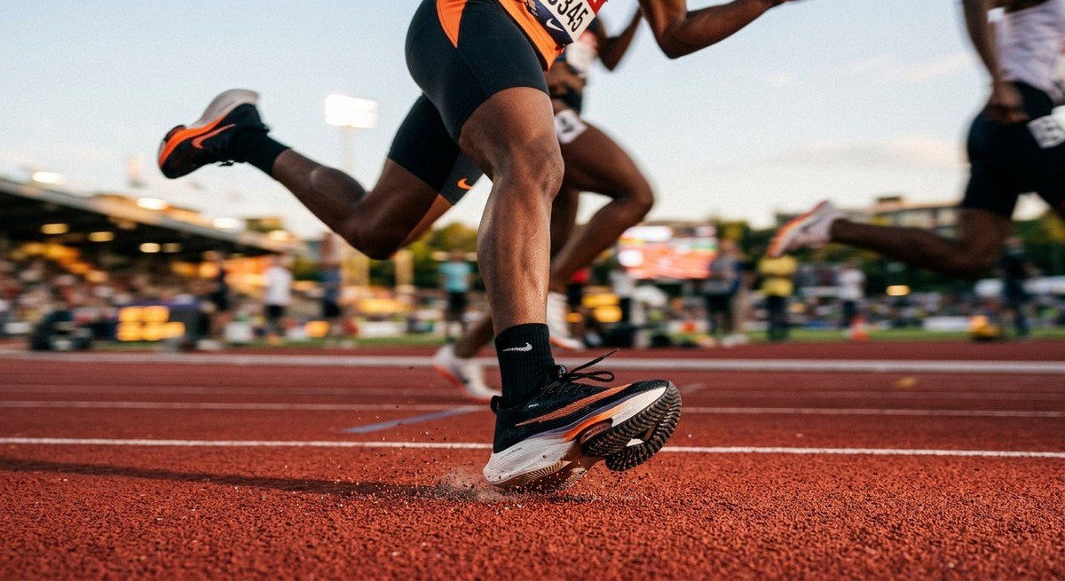 A close-up action shot of a runner's trainers hitting the track with motion blur and sharp textures, highlighting perfect form and biomechanics.
