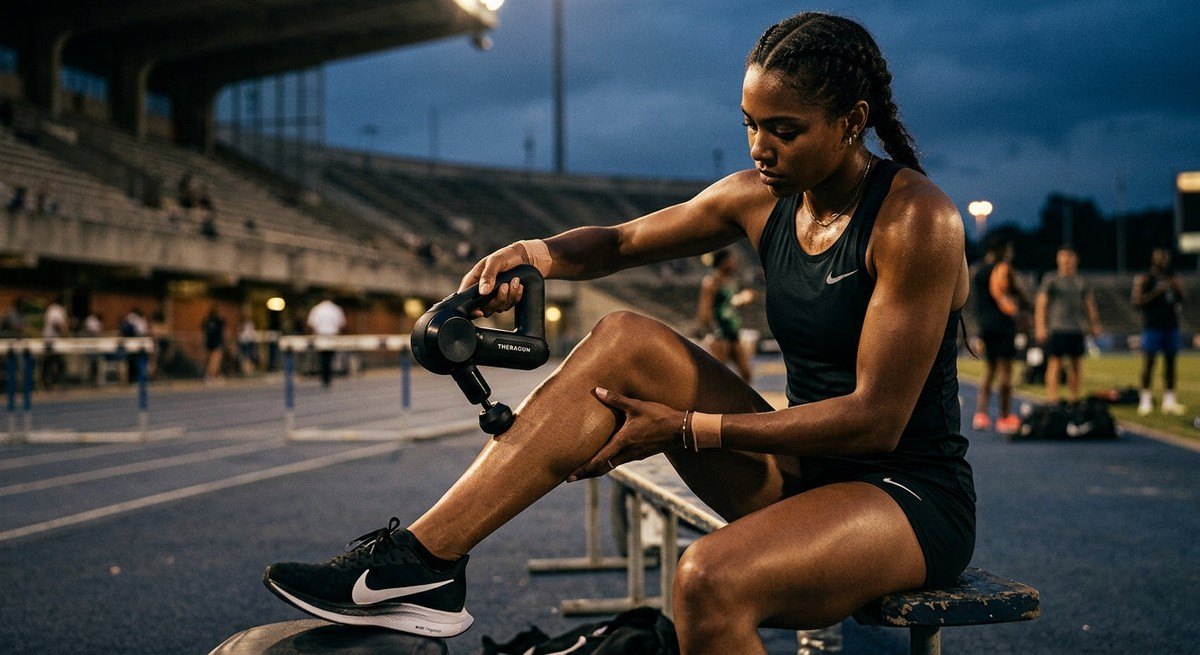 A close-up action shot of a track athlete using a professional percussion massage gun on their calf muscle in a moody, high-contrast stadium setting.