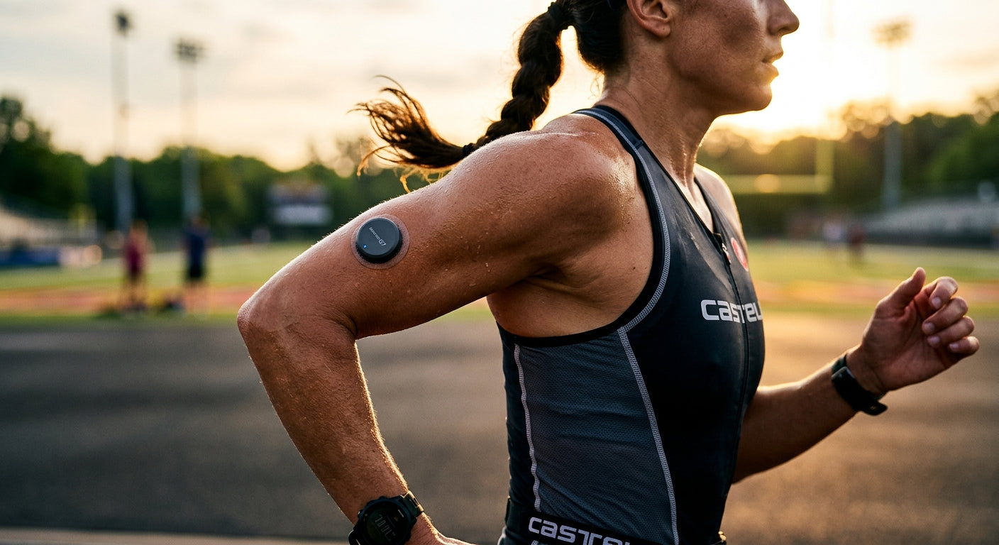 A close-up action shot of a triathlete's arm showing a sleek continuous glucose monitor patch during an intense training session.