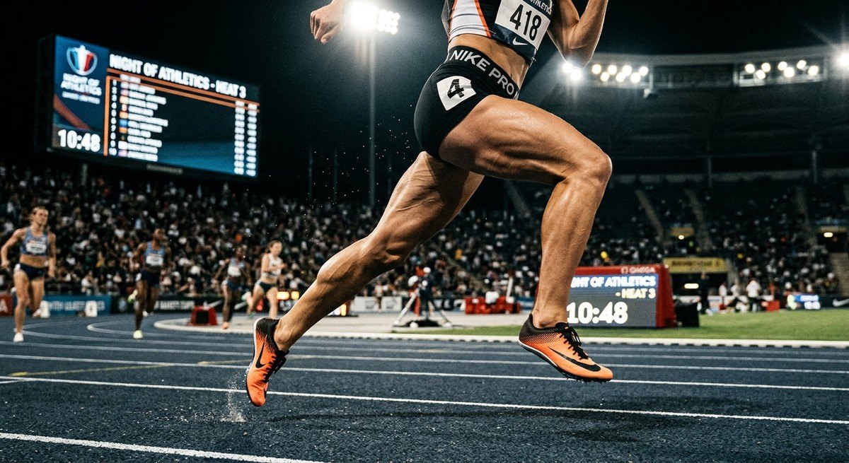 A close-up action shot of an athlete's legs during a intense running stride, showing sharp muscle definition and dramatic contrast in a stadium setting.