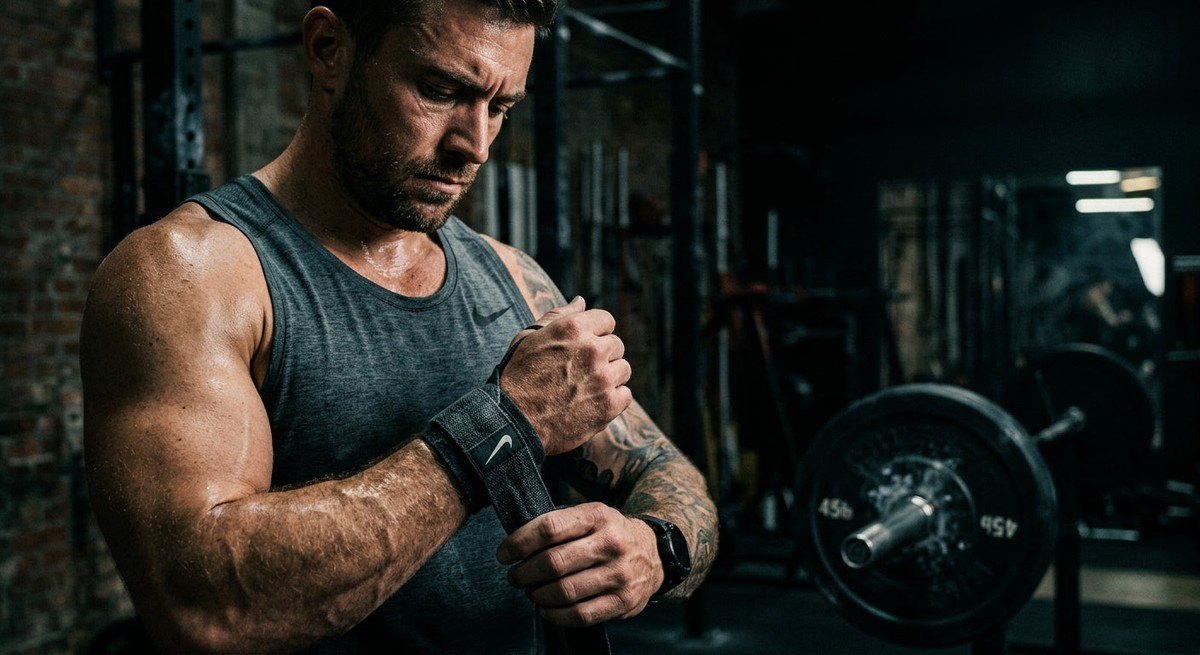 A close-up, cinematic shot of a focused athlete preparing for a workout, highlighting intense textures and high-contrast lighting.