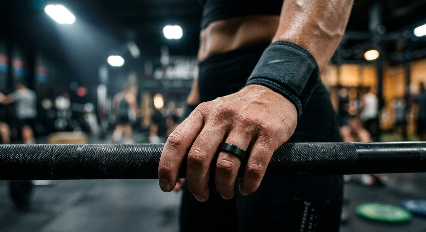 A close-up, dramatic shot of an Oura Ring on an athlete's finger, illuminated by sharp cinematic stadium lighting with a blurred gym background.