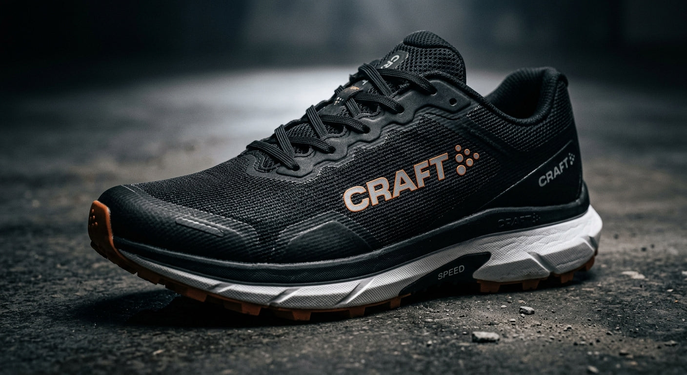 A close-up, dramatic studio photograph of the Craft Vild performance shoe, highlighting the realistic textures of the engineered mono-mesh upper and the sleek, aerodynamic silhouette.