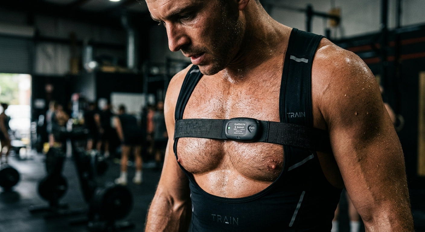 A close-up, high-contrast shot of a heart rate monitor sensor on an athlete's chest, focusing on the textured skin and technical precision of the wearable hardware.