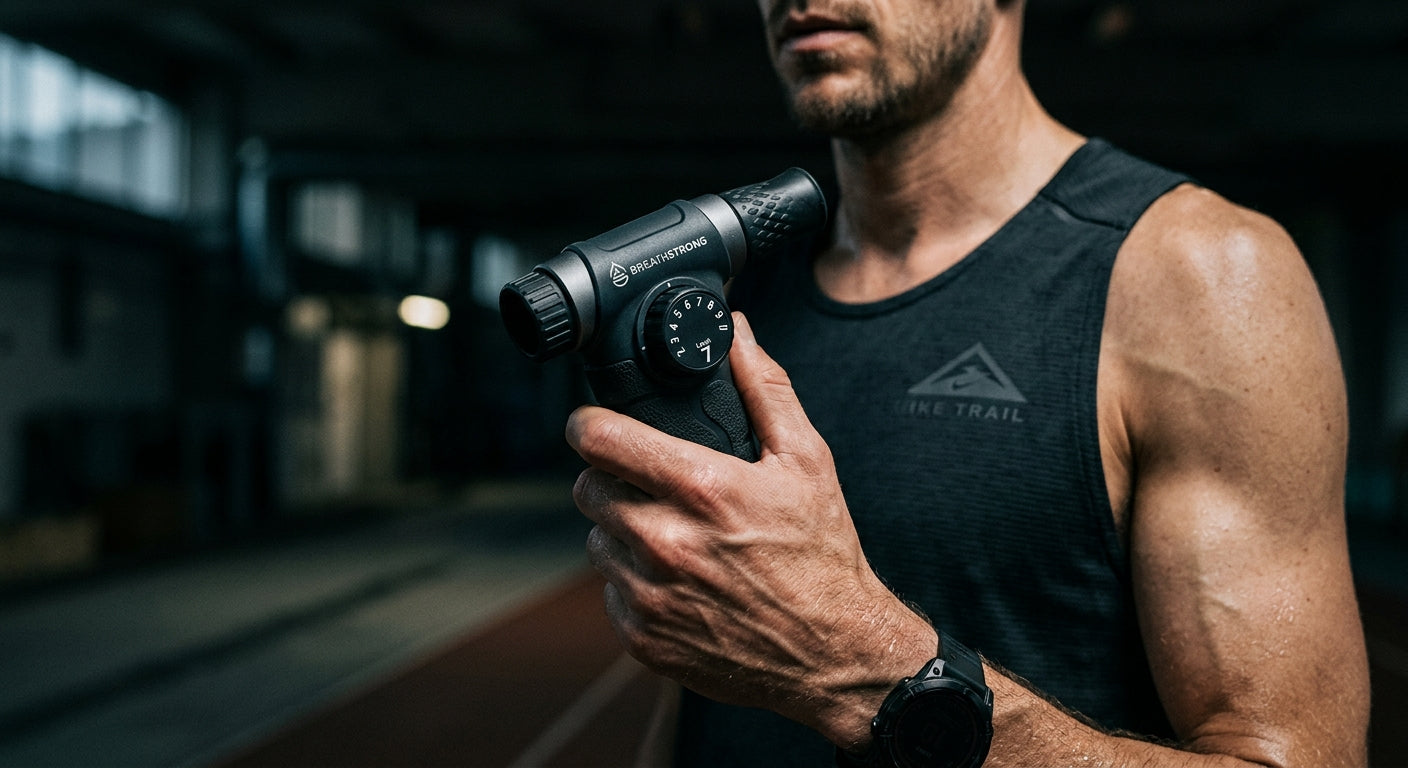 A close-up, high-detail shot of a modern pressure-threshold respiratory training device held in a runner's hand, featuring sharp textures and a moody background.