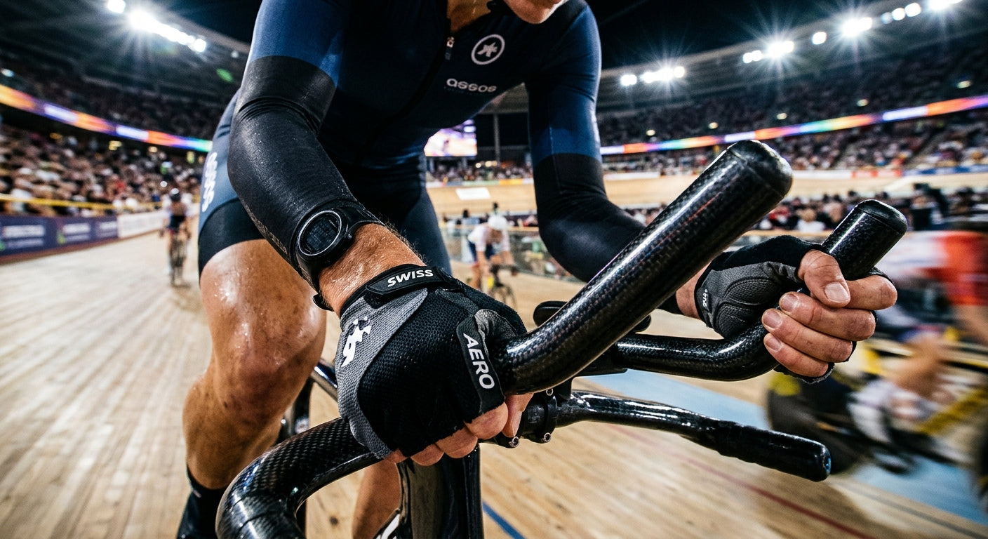 A close-up high-speed action shot of a cyclist's hands gripping aero extensions, showing sharp focus on the carbon texture and cinematic stadium lighting.