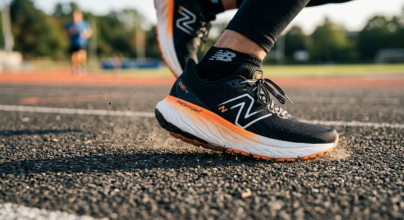A close-up high-speed photograph of the New Balance 1080 v16 Fresh Foam X midsole compressing against a textured running surface, showing fine detail and motion blur.
