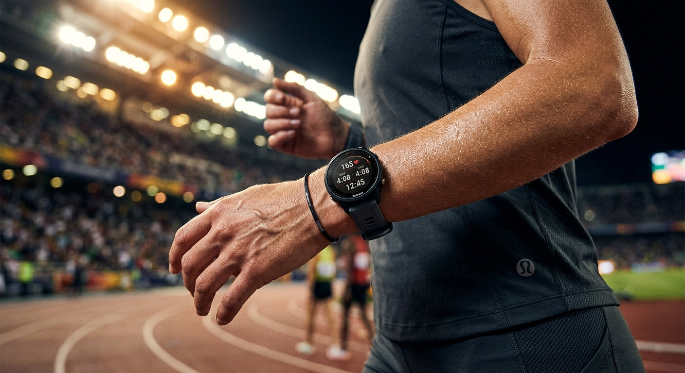 A close-up, high-speed photography shot of a runner's wrist wearing a biometric tracker, featuring sharp details and dramatic cinematic stadium lighting.
