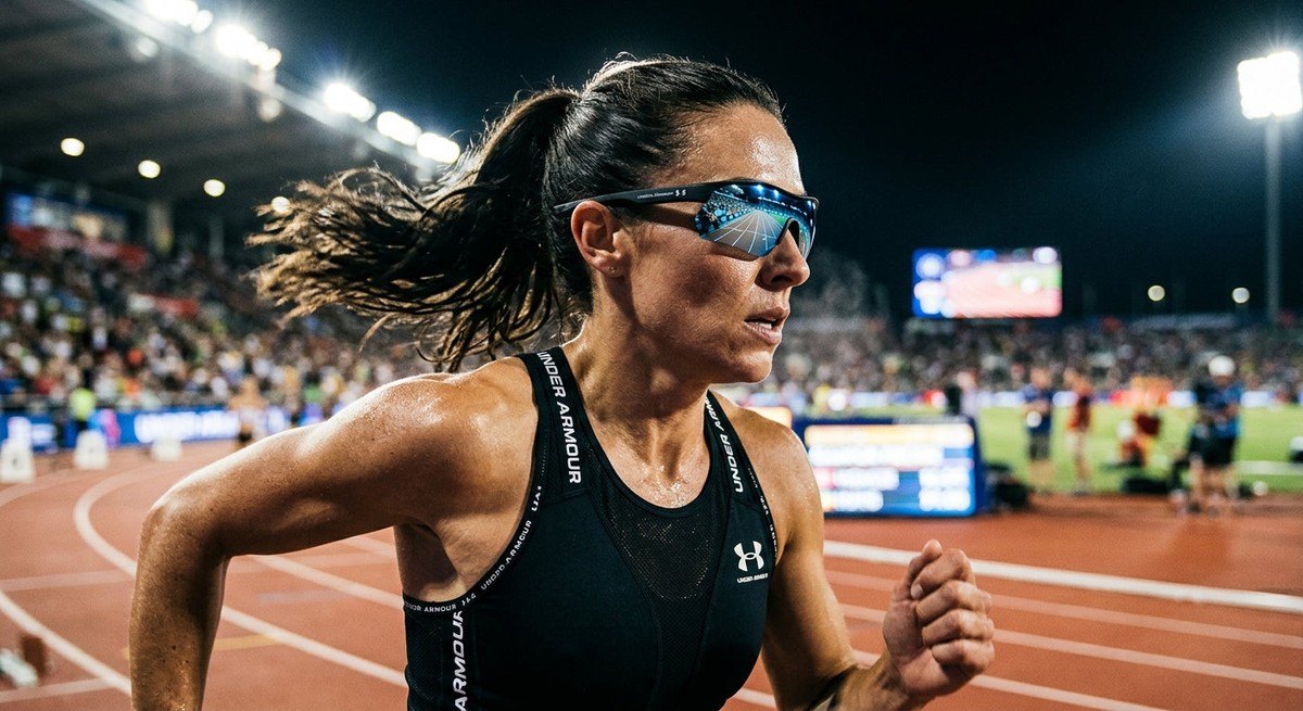A close-up, high-speed photography shot of an athlete running in stadium lighting, with the Under Armour Gameday Mirror sunglasses showing off the sharp metallic sheen of the mirror coating.