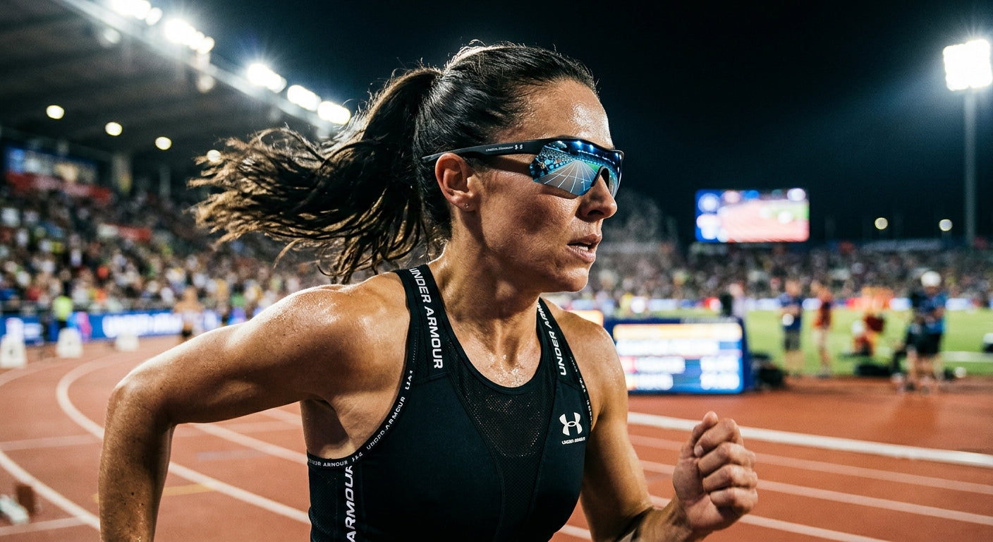 A close-up, high-speed photography shot of an athlete running in stadium lighting, with the Under Armour Gameday Mirror sunglasses showing off the sharp metallic sheen of the mirror coating.