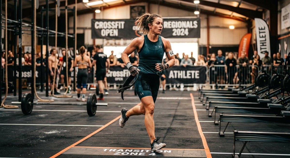 A close-up of a determined fitness enthusiast navigating a transition zone during a high-intensity functional fitness competition