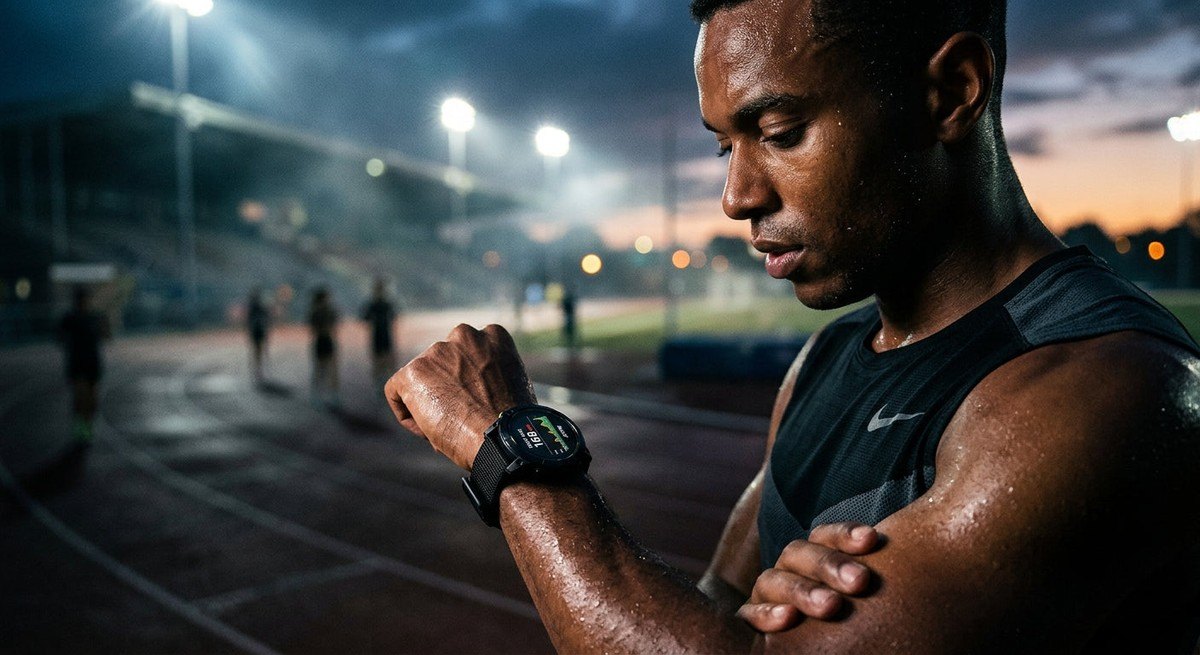 A close-up of a focused athlete checking their high-tech smartwatch under moody, cinematic stadium floodlights during an intense evening workout.