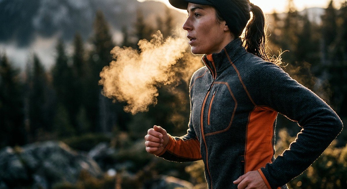A close-up of a runner in a high-performance thermal jacket, with sharp focus on the fabric texture and cold breath vapor in cinematic light.