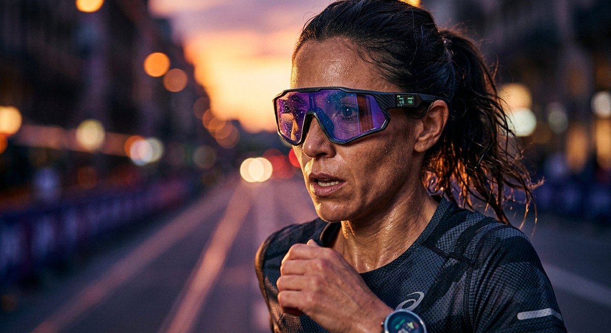 A close-up of a runner's face showcasing the detailed, sharp textures of a 2026-tech shield lens with a dramatic lighting aesthetic.