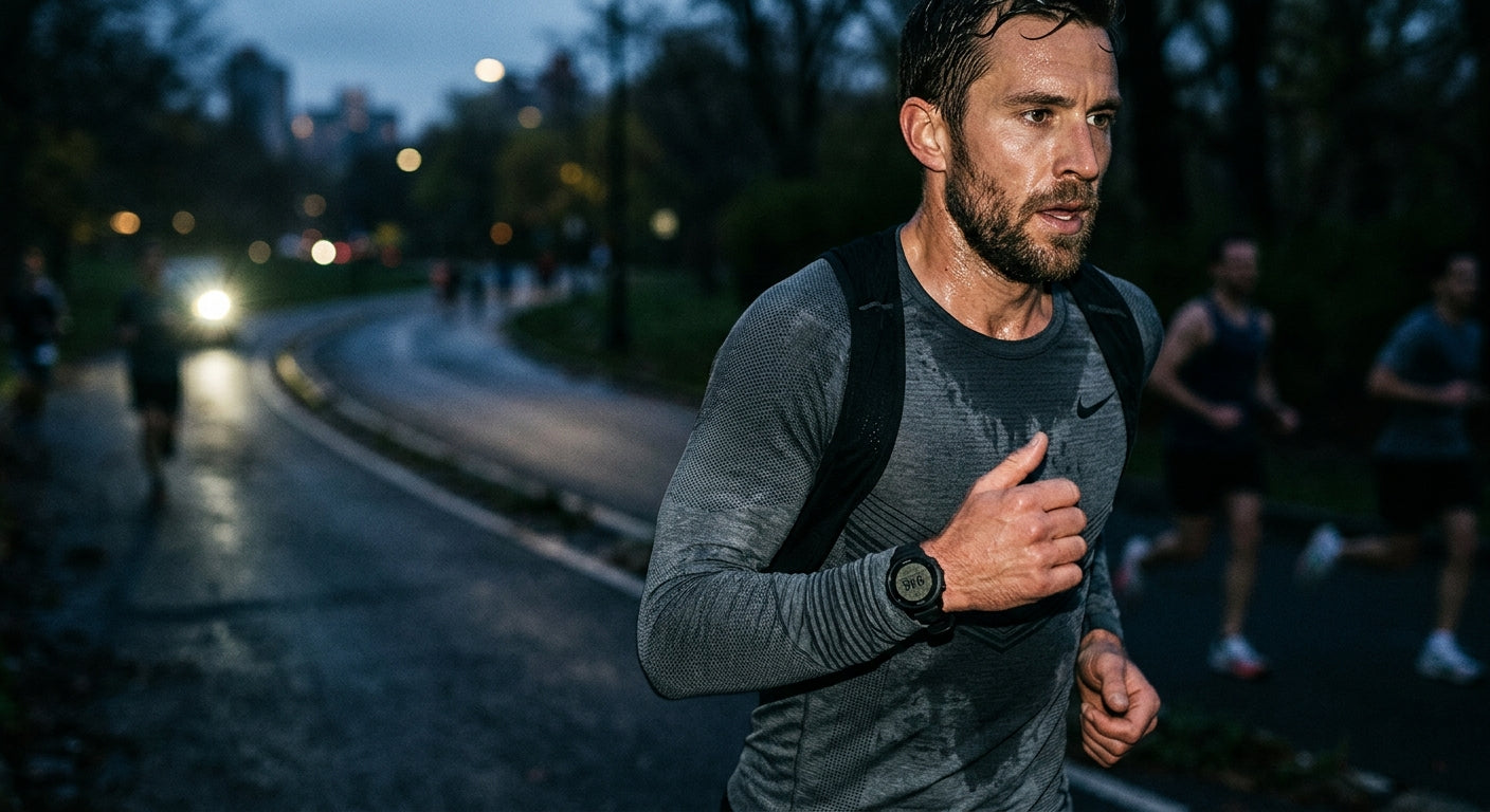 A close-up of a runner wearing high-performance technical base layers with realistic fabric textures and sharp, moody cinematic lighting.