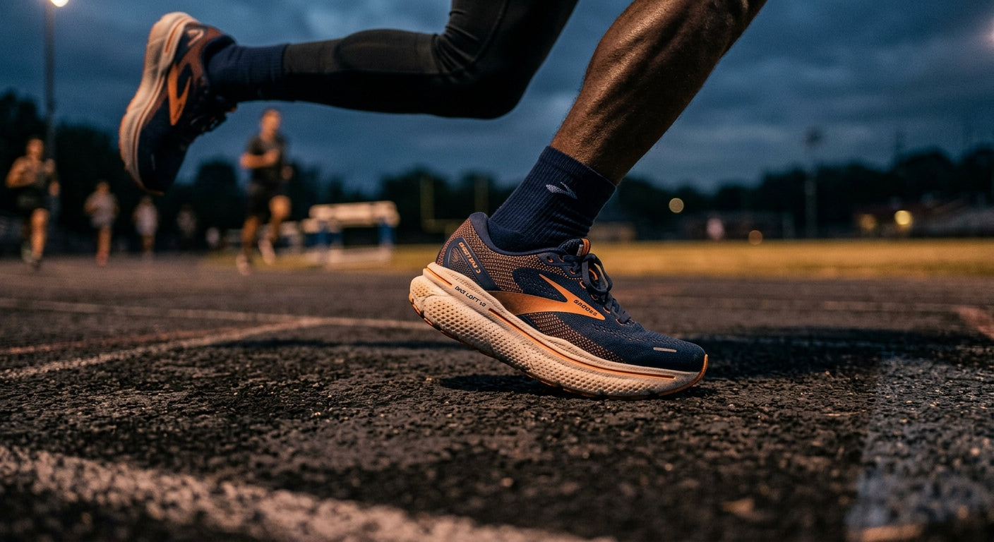 A close-up of a runner wearing high-stack Brooks Ghost Max 3 shoes, focusing on the nitrogen-infused foam texture and the rockered sole design in a moody, high-contrast setting.