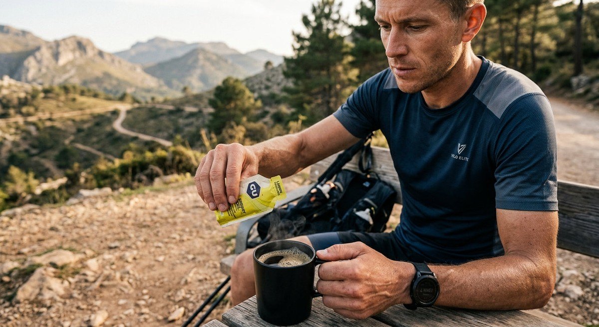 A close-up of a sports energy gel and coffee, representing performance nutrition for endurance athletes.