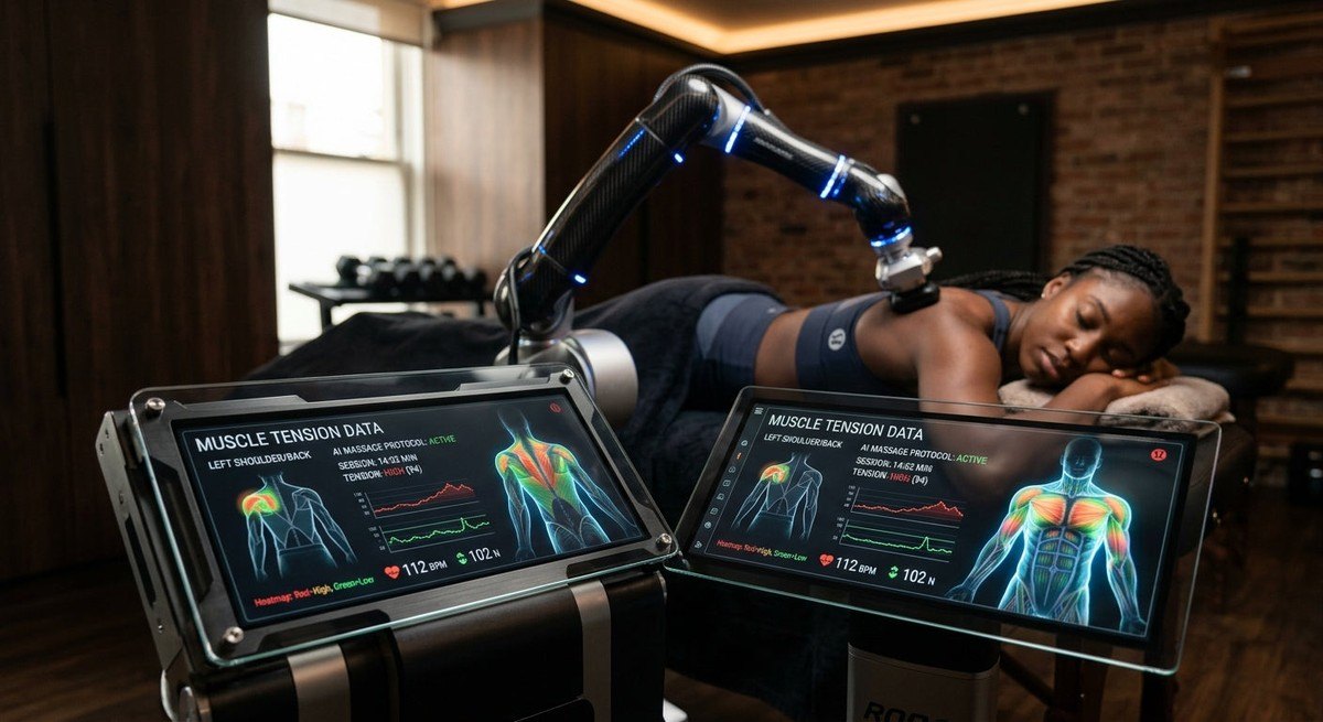 A close-up of an AI-driven robotic massage interface displaying real-time muscle tension data on a glass screen, with an athlete relaxing in the background.