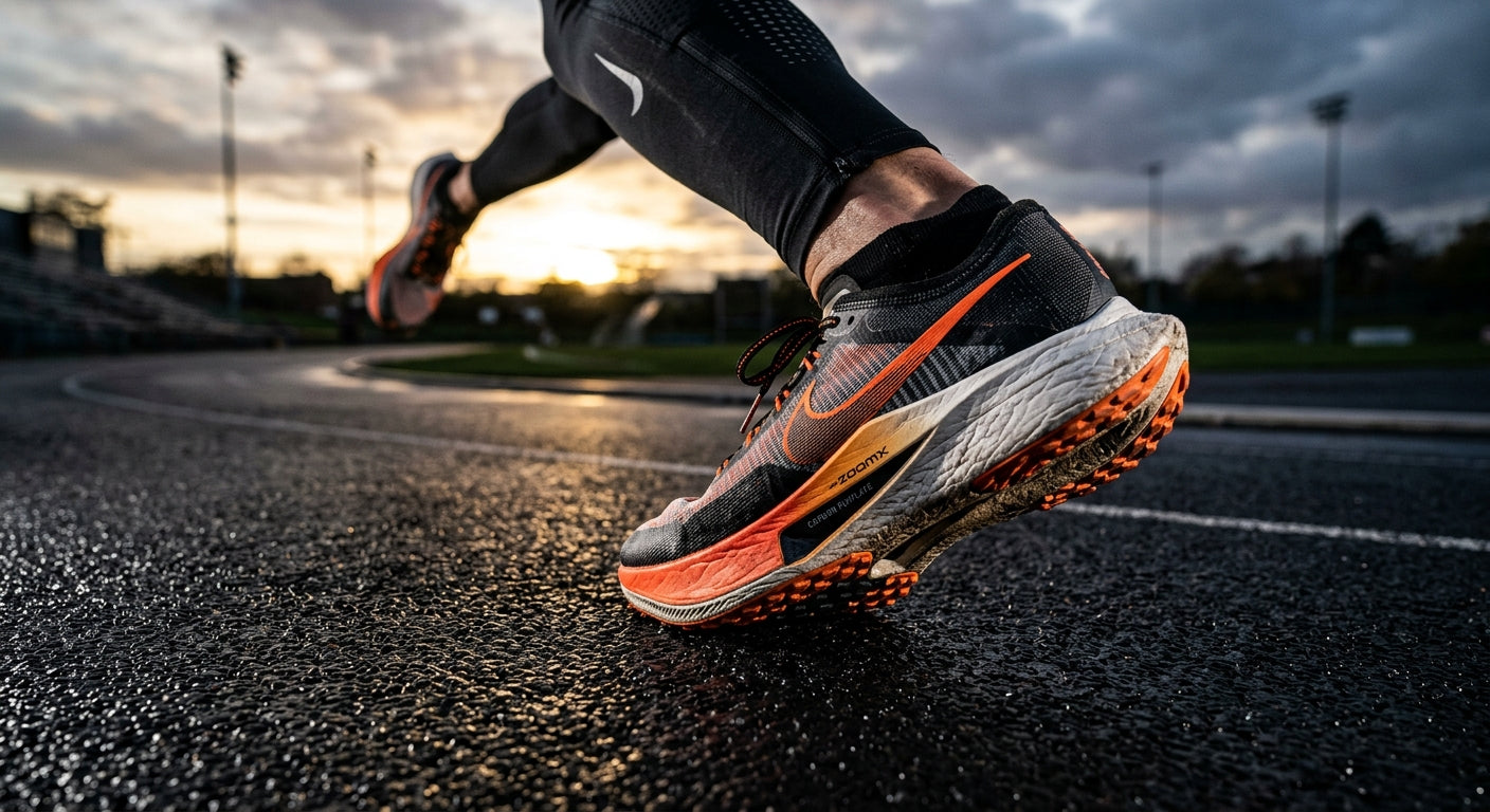 A close-up of high-performance carbon-plated running shoe technology with visible texture details and dramatic contrast.