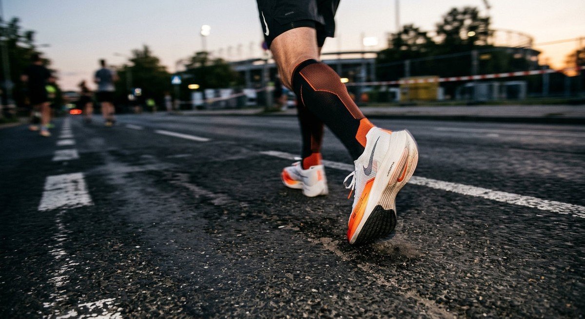 A close up of lightweight tempo running shoes hitting the road with motion blur