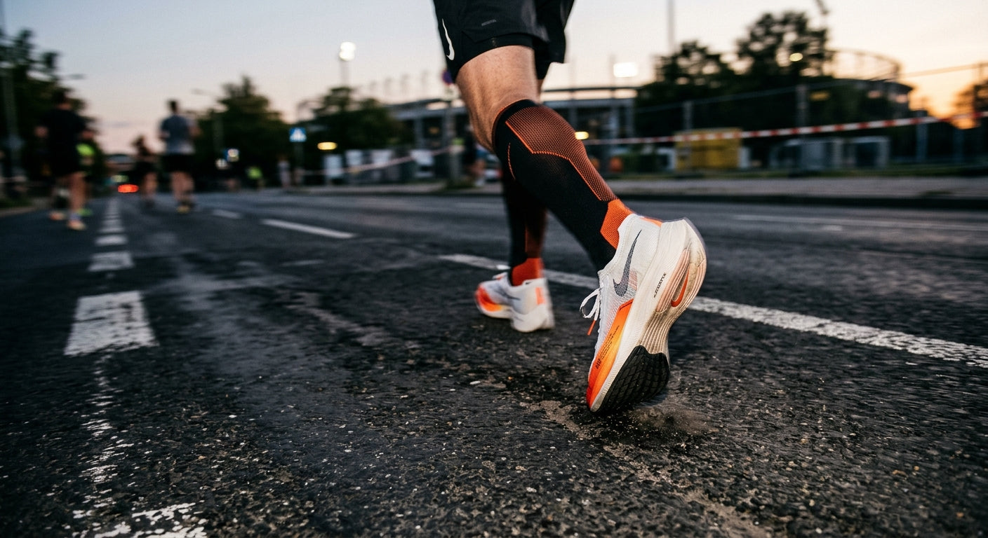 A close up of lightweight tempo running shoes hitting the road with motion blur