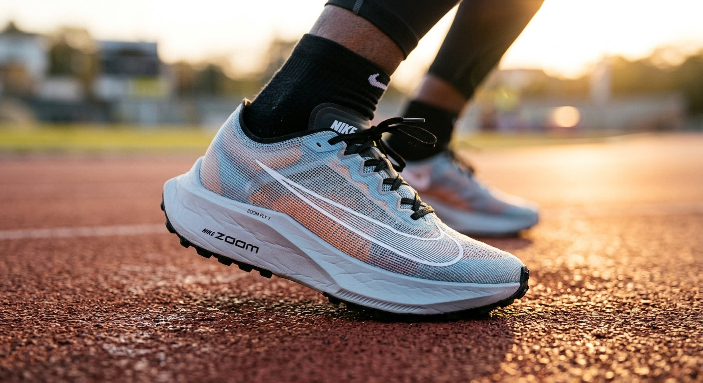 A close-up of the Nike Zoom Fly 7 showing the texture of the mono-mesh upper and the sharp contours of the high-performance midsole.
