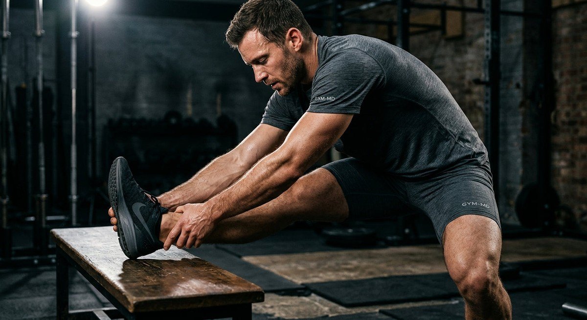 A close-up shot of a fitness enthusiast holding a post-workout static stretch with sharp, dramatic lighting and realistic texture.