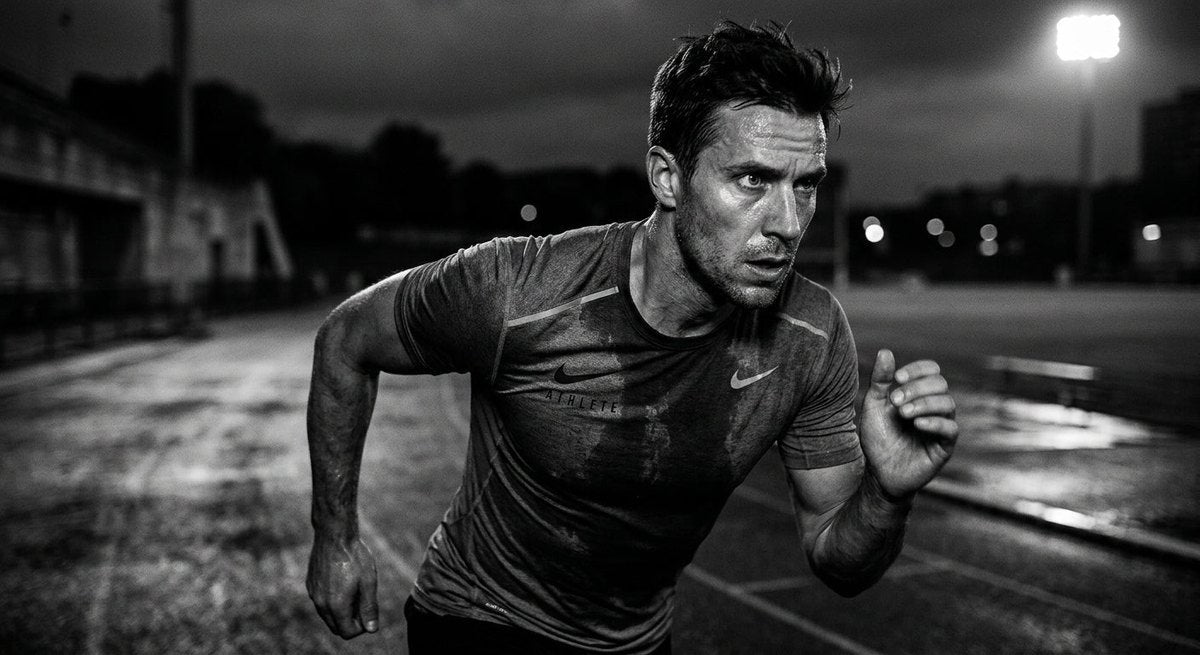 A close-up shot of a focused athlete running in a moody, high-contrast environment with sharp details on their intense facial expression.