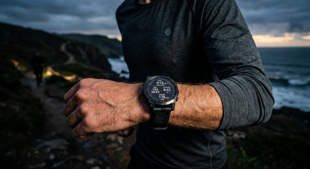 A close-up shot of a high-end GPS sports watch on a runner's wrist, showing data metrics with sharp focus and a moody, dramatic background.