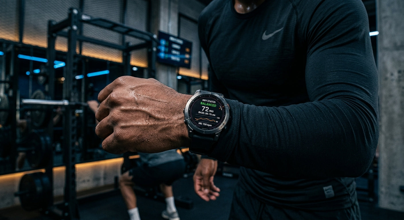 A close-up shot of a high-performance multisport watch displaying real-time HRV data against a moody, dark, tech-focused background.