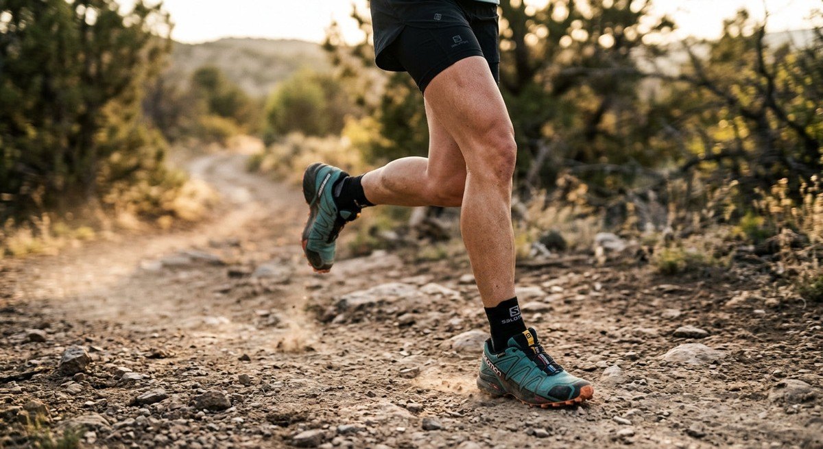 A close-up shot of a runner's legs on a dusty trail, capturing the texture of the terrain and the blur of motion, highlighting high-performance running gear.