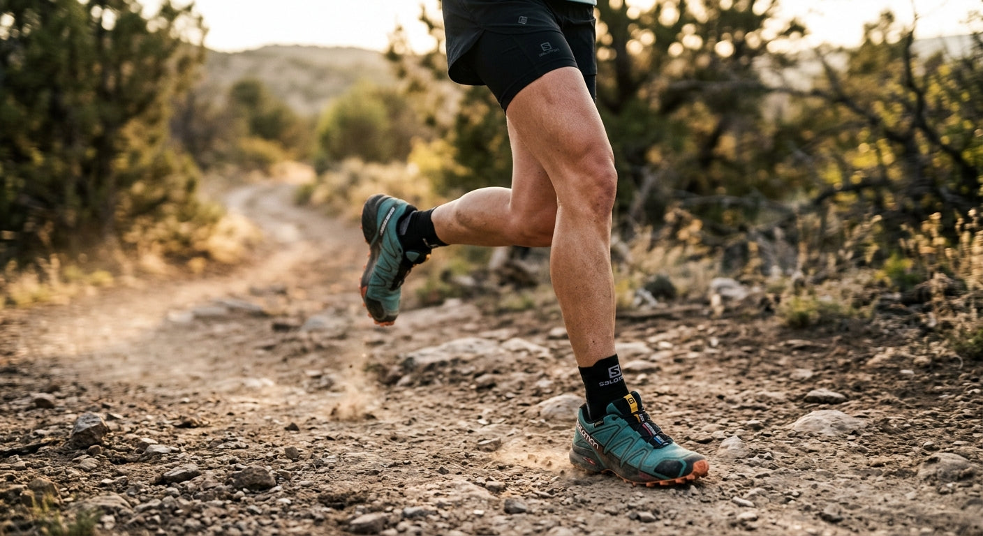 A close-up shot of a runner's legs on a dusty trail, capturing the texture of the terrain and the blur of motion, highlighting high-performance running gear.