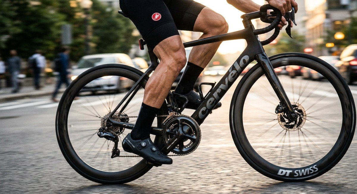 A close-up shot of an athlete's legs pedalling a high-performance bicycle with motion blur, capturing the intensity and power of a morning commute.