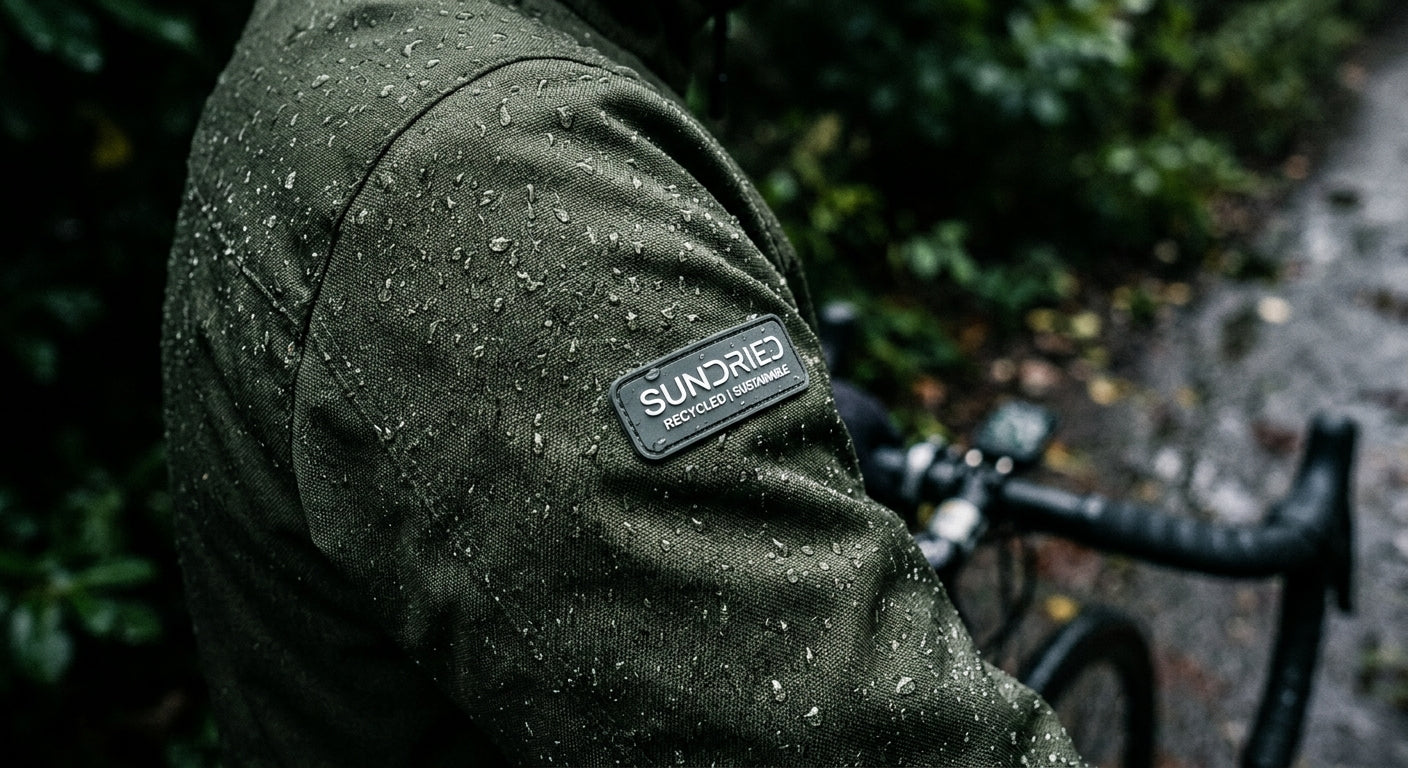 A close-up shot of sustainable recycled fabric on a Sundried waterproof cycling jacket, showing sharp textures and water droplets under dramatic, high-contrast lighting.